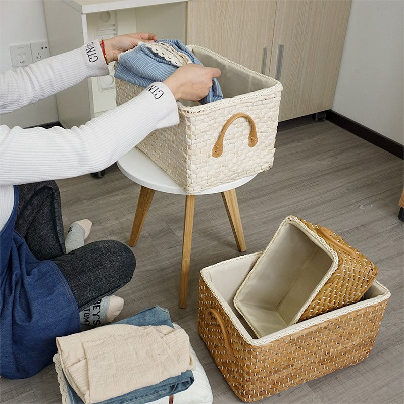 Rectangular Woven Storage Baskets with Handles | Natural Fiber Organizer