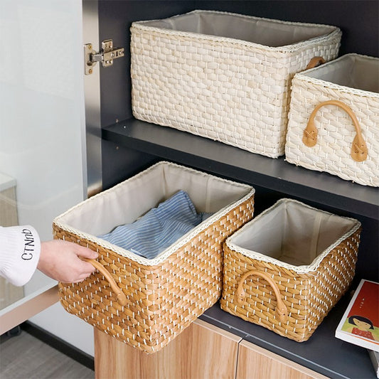 Rectangular Woven Storage Baskets with Handles | Natural Fiber Organizer