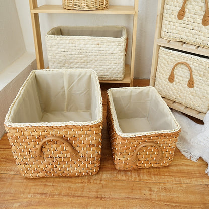 Rectangular Woven Storage Baskets with Handles | Natural Fiber Organizer
